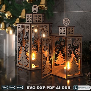 May include: Wooden Christmas lanterns with intricate cut-out designs of Christmas trees, snowflakes, and ornaments. The lanterns are illuminated from within, creating a warm glow. The image includes the text "SVG-DXF-PDF-AI-CDR".