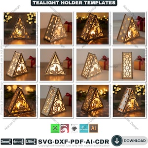 May include: A collection of wooden tealight holder templates in various designs, including Christmas trees, snowflakes, and gift boxes. The templates are laser cut and feature intricate patterns. The image includes the text "TEALIGHT HOLDER TEMPLATES".