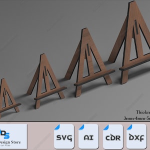 Può includere: Quattro cavalletti in legno di varie dimensioni, con finitura marrone scuro e dettagli neri. I cavalletti sono progettati per l'esposizione. L'immagine include il testo "Atacan Design Store" e icone di tipo di file per SVG, AI, CDR, DXF e PDF.