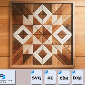 May include: A wooden geometric wall art piece with a brown frame. The art is made of various shades of wood and white paint, creating a geometric pattern. The art is displayed on a wooden surface.