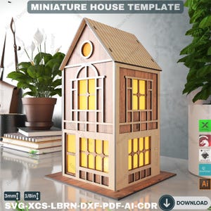 Elegant Miniature House Laser Cut Plan Glowing Windows Decor DIY Lamp Project,Miniature House Night Light Template DIY Wooden Lamp Plan 885