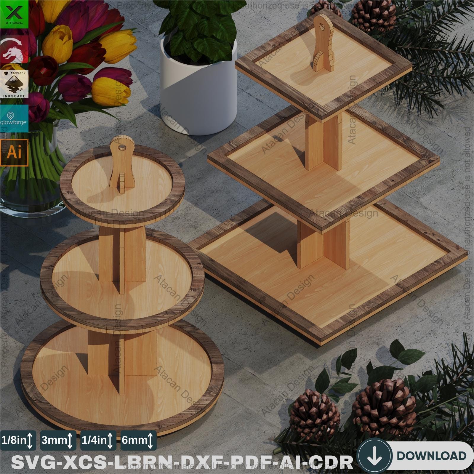 Laser Cut 3-tier Cupcake Stand, Wood Display, Modern Serving