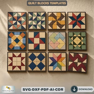 May include: Twelve wooden quilt block templates with various geometric patterns in shades of blue, red, yellow, and green. Each block is square, framed in dark wood, and features a unique design. The text "QUILT BLOCKS TEMPLATES" is at the top.