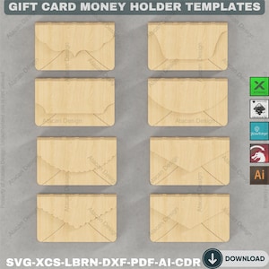 May include: Eight wooden gift card money holder templates. The templates are light brown with various decorative edges. The text "GIFT CARD MONEY HOLDER TEMPLATES" is at the top. The bottom of the image includes the text "SVG-XCS-LBRN-DXF-PDF-AI-CDR DOWNLOAD".