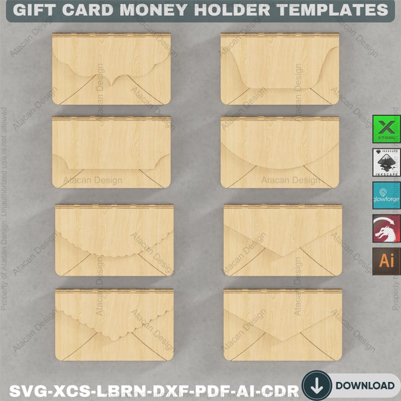 May include: Eight wooden gift card money holder templates. The templates are light brown with various decorative edges. The text "GIFT CARD MONEY HOLDER TEMPLATES" is at the top. The bottom of the image includes the text "SVG-XCS-LBRN-DXF-PDF-AI-CDR DOWNLOAD".