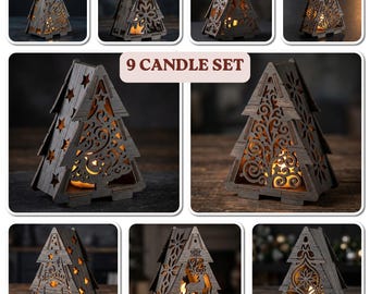 Christmas Tree Candle Holder Laser Cut Files, 9 Tealight Lantern Set, Holiday Light Box Decor