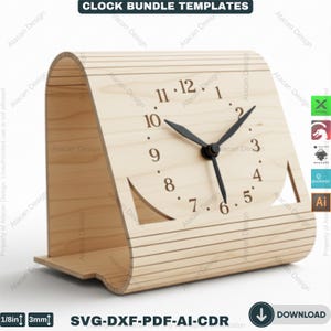 May include: A wooden desk clock with a light brown finish. The clock features black hands and black numerals. The clock has a unique design with cut-out shapes on the sides. The text "CLOCK BUNDLE TEMPLATES" is at the top.