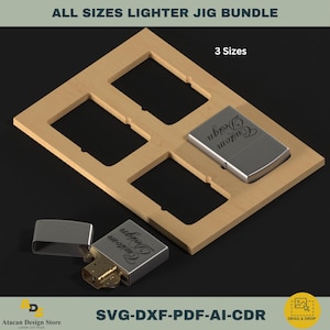 May include: A wooden jig with three cutouts for different sized lighters. The jig is designed to help engrave lighters with custom designs. The image shows a silver lighter with the words "Design Custom" engraved on it.