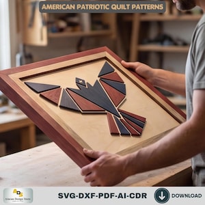 May include: A wooden wall art piece featuring a geometric eagle design in red, dark blue, and natural wood tones, framed in a two-tone border. The text AMERICAN PATRIOTIC QUILT PATTERNS is displayed at the top, with SVG-DXF-PDF-AI-CDR DOWNLOAD below.