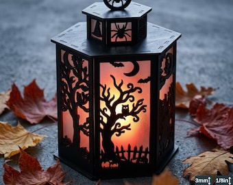 Halloween Lantern LaserCut Template Spooky Haunted House Tea Light Holder Wooden Witch Candle Box