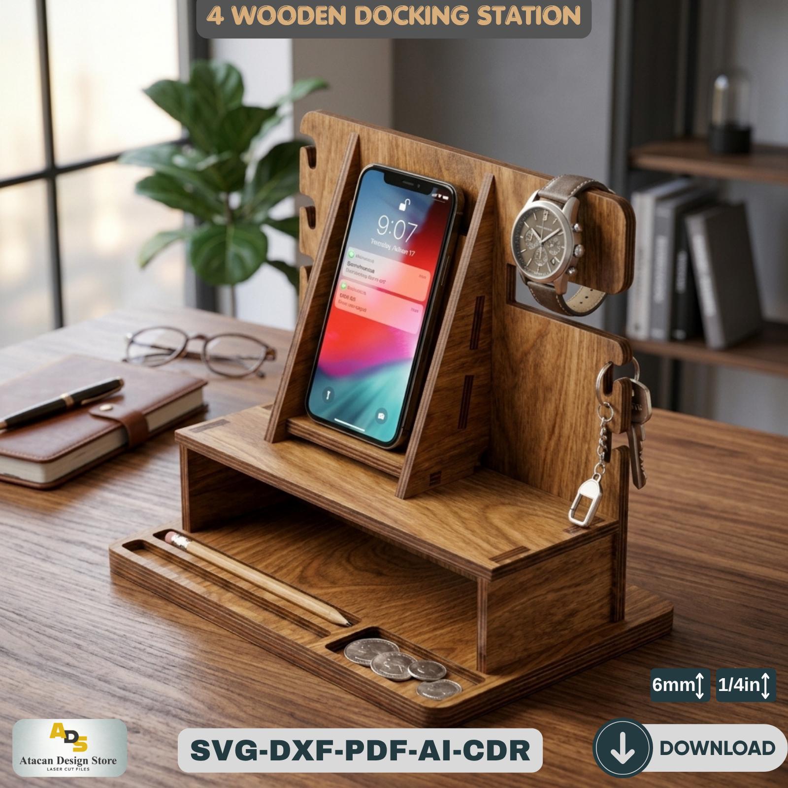 Wood Docking Station Desk Organizer Phone Stand Watch Holder Wood Docking Station Desk Organizer Phone Stand Watch Holder