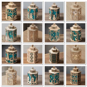 May include: A selection of wooden lanterns with detailed cut-out patterns. Each lantern has a teal backing and features festive designs such as snowflakes, trees, and houses. These lanterns are intended for decorative use.