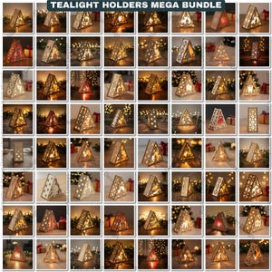 May include: A collection of wooden tealight holders in various shapes and designs. The holders are mostly triangular, with cut-out patterns that allow light to shine through. Some have star, tree, or geometric designs. The text "TEALIGHT HOLDERS MEGA BUNDLE" is at the top.