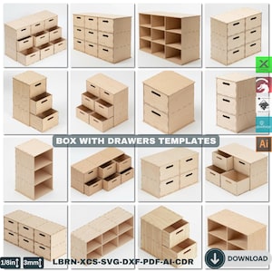 May include: A collection of wooden box templates with various drawer configurations. The designs include boxes with multiple drawers, stepped drawers, and open shelves. The text "BOX WITH DRAWERS TEMPLATES" is visible. The image also includes the text "1/8in 3mm" and "LBRN-XCS-SVG-DXF-PDF-AI-CDR".