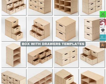 Laser Cut Box with Drawers / Modular Storage Boxes / Wooden Organizers SVG / Storage Box Templates for Desk, Craft, Workshop 905