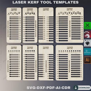 Può includere: Otto modelli in legno tagliati al laser per misurare la larghezza del taglio. Ogni modello ha uno spessore diverso in pollici e millimetri. I modelli sono etichettati "Thickness Kerf Tool".