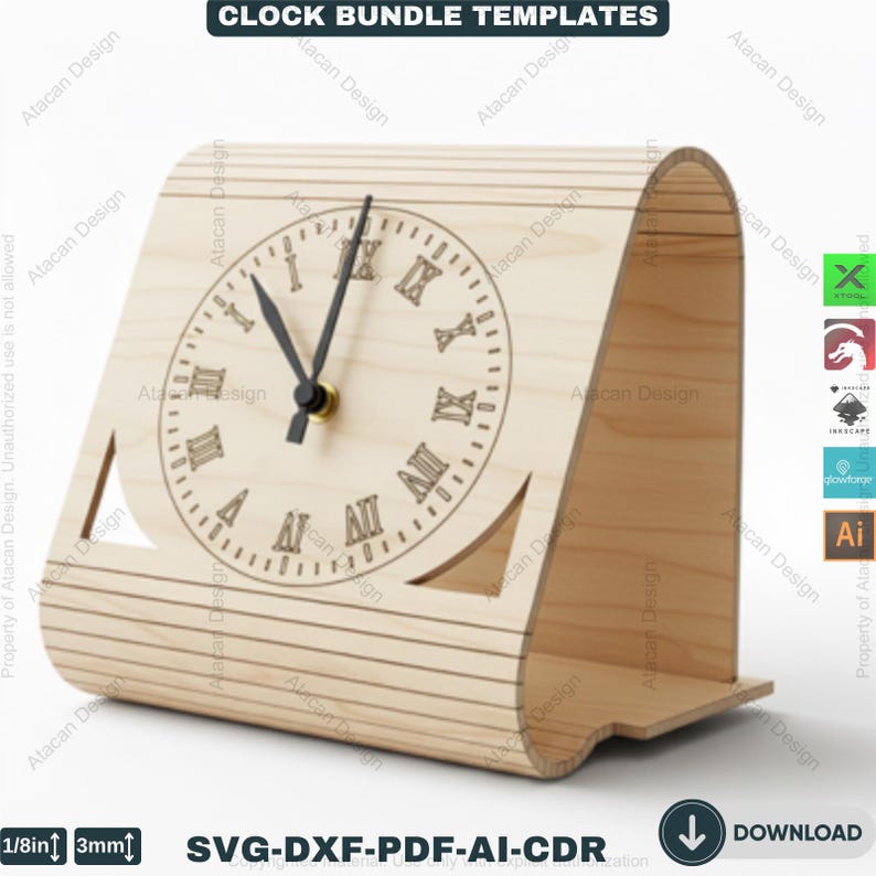 May include: A wooden desk clock with a Roman numeral clock face. The clock is made of light-colored wood and has a unique arched design. The clock's hands are black, and the clock face is etched with Roman numerals. The clock measures approximately 6 inches in height.