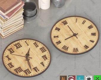 May include: Two wooden clocks with Roman numerals. The clocks have a light brown wood grain face with dark brown hands and a dark brown border. The clocks are round and appear to be laser cut. The image also includes books and other objects.