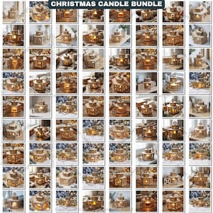 Puede incluir: Una colección de faroles de velas navideñas de madera en varios tamaños y diseños. Los faroles están intrincadamente cortados con patrones decorativos, y algunos tienen velas encendidas en su interior, creando un brillo cálido y acogedor. El texto "CHRISTMAS CANDLE BUNDLE" está en la parte superior.