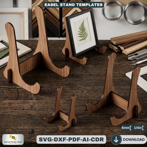 Puede incluir: Plantillas de caballete de madera en varios tamaños. Los soportes son de madera oscura y están diseñados para sostener obras de arte enmarcadas. La imagen incluye el texto "EASEL STAND TEMPLATES" y medidas de 6 mm y 1/4in.
