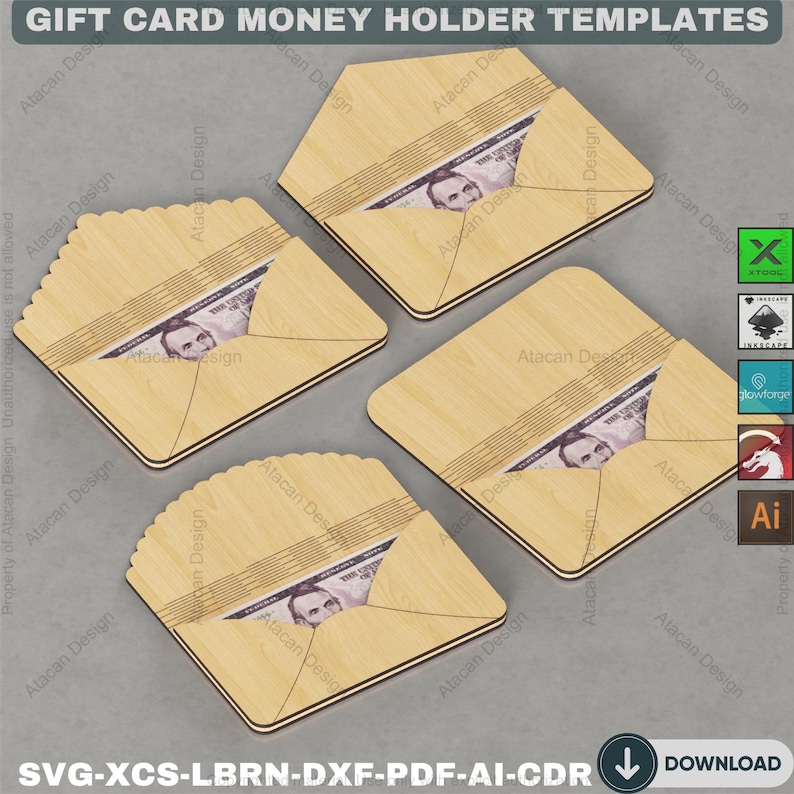 May include: Wooden gift card money holder templates. The templates are light brown and feature a laser-cut design. Each holder contains a bill. The text "GIFT CARD MONEY HOLDER TEMPLATES" is at the top. The bottom text reads "SVG-XCS-LBRN-DXF-PDF-AI-CDR DOWNLOAD".
