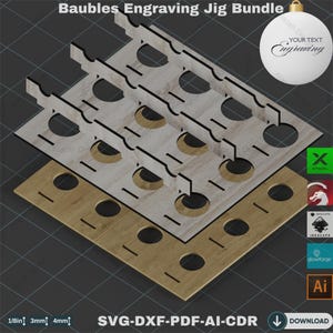 May include: A layered wooden jig bundle for engraving baubles. The jig features multiple layers with circular cutouts and slots, designed for holding ornaments. The image includes text that says "Baubles Engraving Jig Bundle" and "Your Text Engraving".