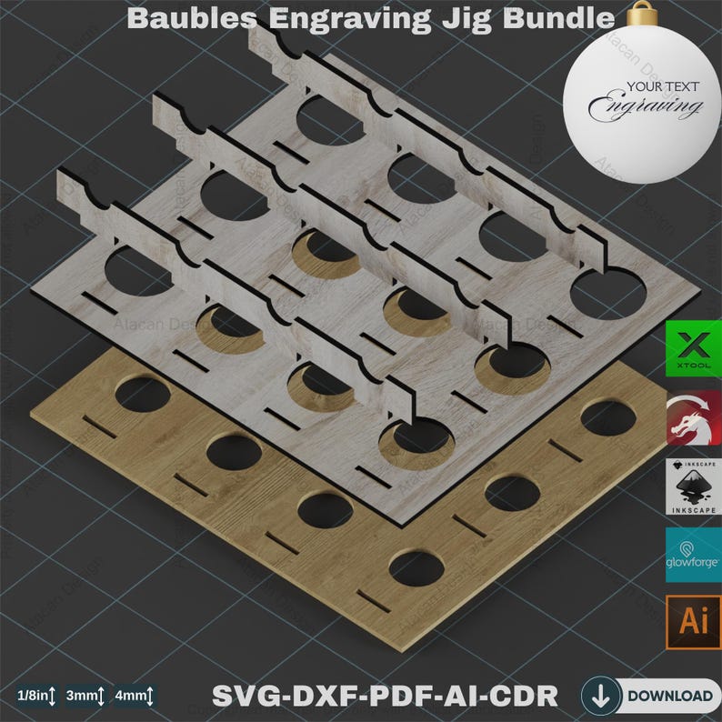 May include: A layered wooden jig bundle for engraving baubles. The jig features multiple layers with circular cutouts and slots, designed for holding ornaments. The image includes text that says "Baubles Engraving Jig Bundle" and "Your Text Engraving".