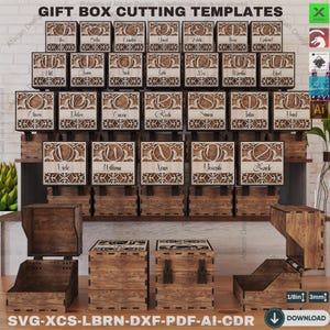 May include: Wooden gift box cutting templates with various names laser-cut into the design. The boxes are displayed on wooden shelves and include the text "GIFT BOX CUTTING TEMPLATES" and "SVG-XCS-LBRN-DXF-PDF-AI-CDR".