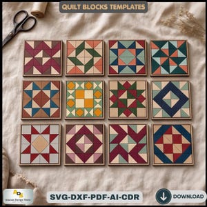 May include: A collection of twelve square quilt block templates with various geometric designs in shades of red, blue, green, and beige. The text "QUILT BLOCKS TEMPLATES" is at the top. The bottom text reads "SVG-DXF-PDF-AI-CDR" and "DOWNLOAD".