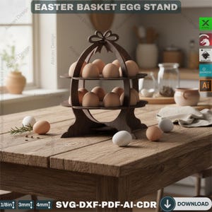 May include: A dark brown wooden Easter egg stand with two tiers, holding several brown eggs. The stand is on a wooden table with additional eggs scattered around. The text "EASTER BASKET EGG STAND" is at the top.
