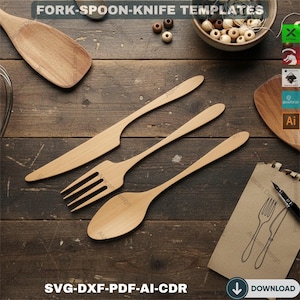 以下が含まれることがあります： 木製のフォーク、スプーン、ナイフのテンプレートが、素朴な木製の表面に配置されています。「FORK-SPOON-KNIFE TEMPLATES」の文字が上部にあり、ナイフ、フォーク、スプーンが含まれています。下部には「SVG-DXF-PDF-AI-CDR」と書かれています。