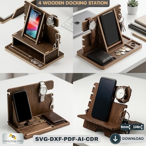 Puede incluir: Una estación de acoplamiento de madera con múltiples compartimentos para teléfono, reloj, llaves y cartera. La estación es de madera oscura e incluye el texto "4 WOODEN DOCKING STATION". Las dimensiones son 6 mm o 0,64 cm.