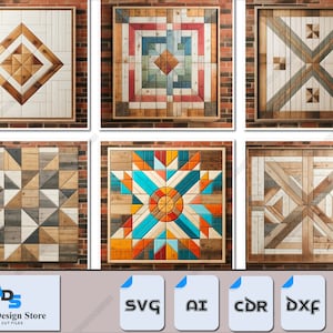 Puede incluir: Seis diseños diferentes de arte de pared de madera con patrones geométricos en varios colores, incluidos rojo, azul, verde, amarillo y marrón. Los diseños están enmarcados en madera y se muestran en una pared de ladrillo. El texto "Atacan Design Store Laser Cut Files" es visible en la parte inferior de la imagen.