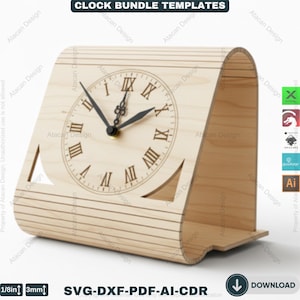 May include: A wooden clock with a light brown finish. The clock face features Roman numerals and black hands. The clock has a unique curved design with decorative cutouts. The text "CLOCK BUNDLE TEMPLATES" is at the top.