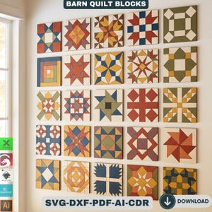 May include: A collection of twenty-one colorful barn quilt blocks mounted on a white wall. Each block features a unique geometric design in shades of red, blue, yellow, and green. The text "BARN QUILT BLOCKS" is at the top, and "SVG-DXF-PDF-AI-CDR" is at the bottom.