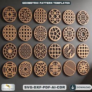 Posavasos geométricos de madera / Juego de patrones redondos para decoración de pared / Archivos de corte láser para decoración moderna del hogar 464