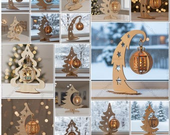 May include: A collection of wooden Christmas tree candle templates. The templates include various designs, such as trees, moons, and star-shaped cutouts. Each template holds a decorative lantern with a warm, inviting glow. The text "CHRISTMAS TREE CANDLE TEMPLATES" is at the top.