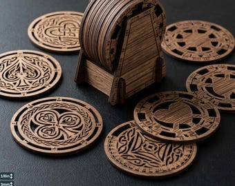 Viking Playing Card Coaster Set Laser Cut Files, Celtic Knot Rune Coasters with Holder