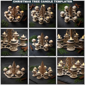 May include: Wooden Christmas tree candle templates with tea lights. The templates feature a laser-cut Christmas tree and snowflake designs. The tea lights are arranged around the tree. The text at the top says "CHRISTMAS TREE CANDLE TEMPLATES".