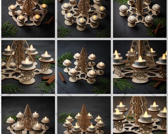 Op de afbeelding: Houten kerstboom kaars sjablonen met waxinelichtjes. De sjablonen hebben een lasergesneden kerstboom en sneeuwvlokontwerpen. De waxinelichtjes zijn rond de boom gerangschikt. De tekst bovenaan luidt "CHRISTMAS TREE CANDLE TEMPLATES".