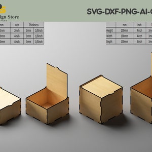May include: Laser-cut wooden box with a lid, shown in various stages of opening. The box is 10 cm wide and deep, 6 cm high, and 3 mm thick. The image also displays the dimensions in inches.