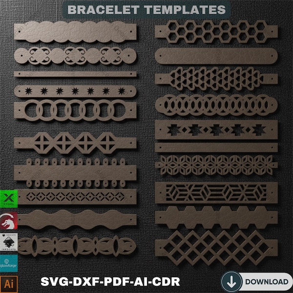 Lederarmband SVG-Bundle | Laser Cut Dateien | 40 Flexible Design Kunstleder Armband Vorlage für Cricut & Silhouette 691