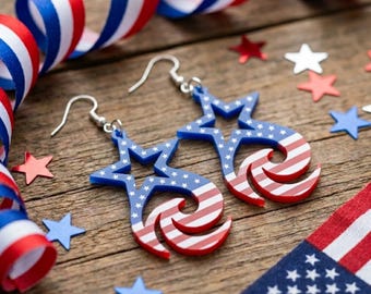 Patriotic Earrings Laser Cut Files, 4th of July USA Flag Jewelry Template, Veteran Gift