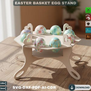 May include: A two-tiered, light-colored wooden Easter basket egg stand. The stand holds six decorative eggs with floral and watercolor designs. The text "EASTER BASKET EGG STAND" is at the top. The stand is 1/8 inch thick.