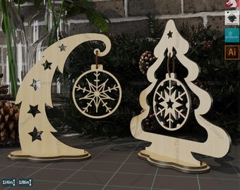 Albero di Natale con ciondolo fiocco di neve per laser / decorazione albero di Natale / file di taglio fiocco di neve appeso a Natale ADS355
