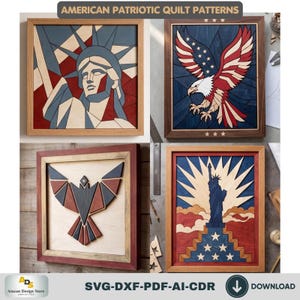 May include: Four framed wooden wall art pieces featuring American patriotic quilt patterns. Designs include the Statue of Liberty, a bald eagle, and geometric bird motifs in red, white, and blue. The text AMERICAN PATRIOTIC QUILT PATTERNS is visible.