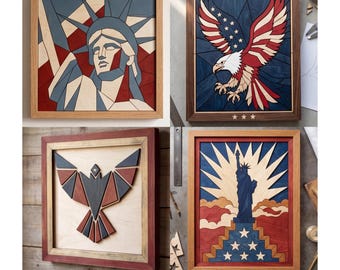 American Patriotic WallArt, Bald Eagle Decor, Statue of Liberty Geometric Quilt Pattern, Veteran Independence