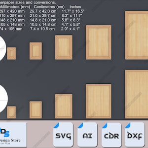 May include: A set of six wooden picture frames in various sizes, labeled with standard paper sizes: A3, A4, A5, A6, and A7. The frames are shown against a dark gray background. The image also includes a logo for Atacan Design Store, which specializes in laser cut files.