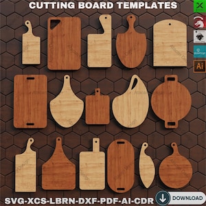 May include: A set of 14 cutting board templates in various shapes and sizes. The templates are made of wood and have a natural wood grain finish. The templates are arranged in a honeycomb pattern on a brown background.