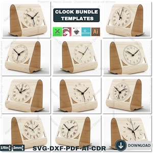 Può includere: Una collezione di modelli di orologi in legno con numeri romani e quadranti con numeri standard. Gli orologi sono presentati in una varietà di stili, con una finitura in legno chiaro. Il testo "CLOCK BUNDLE TEMPLATES" è visibile.